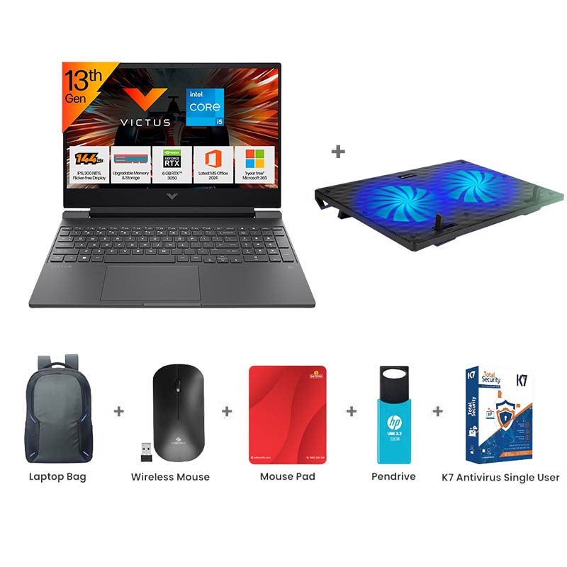 Picture of HP Victus - 13th Gen Core i5-13420H 15.6" (39.6 cm) 15-fa2700TX Gaming Laptop (16GB/ 512GB SSD/ Full HD Display/ NVIDIA GeForce RTX 3050 6GB/ Backlit Keyboard/ Anti-Glare/ Windows 11 Home/ 1 Year Warranty/ Mica Silver/ 2.29 kg) Zebronics ZEB-NC3300 USB Powered Laptop Cooling Pad + Laptop Bag + Wireless Mouse + Mouse Pad + Pendrive + K7 Antivirus Single User